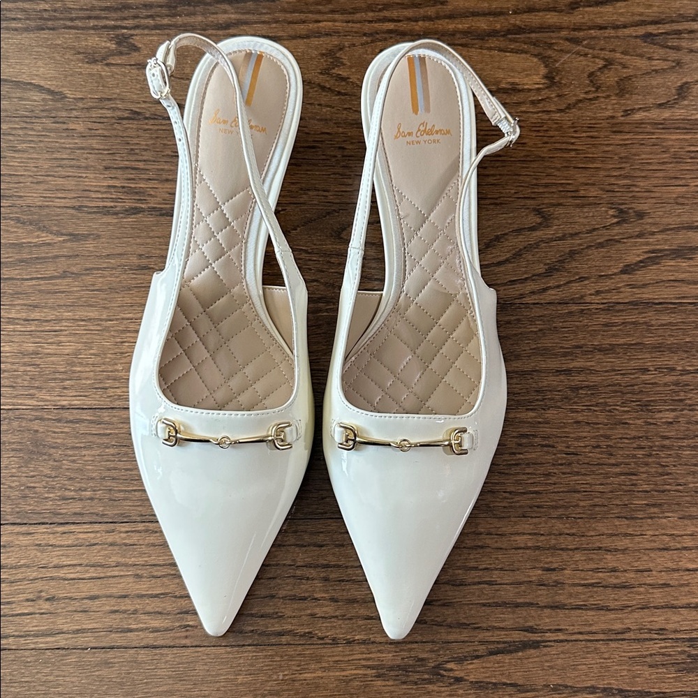 Sam Edelman Women’s Cream Patent Slingback Low Kitten Heels With Gold 11
